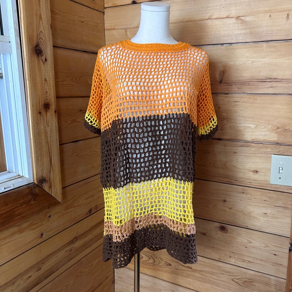 Vintage Crochet Tunic Dress Women Large Orange Yellow Retro Boho Festival MCM